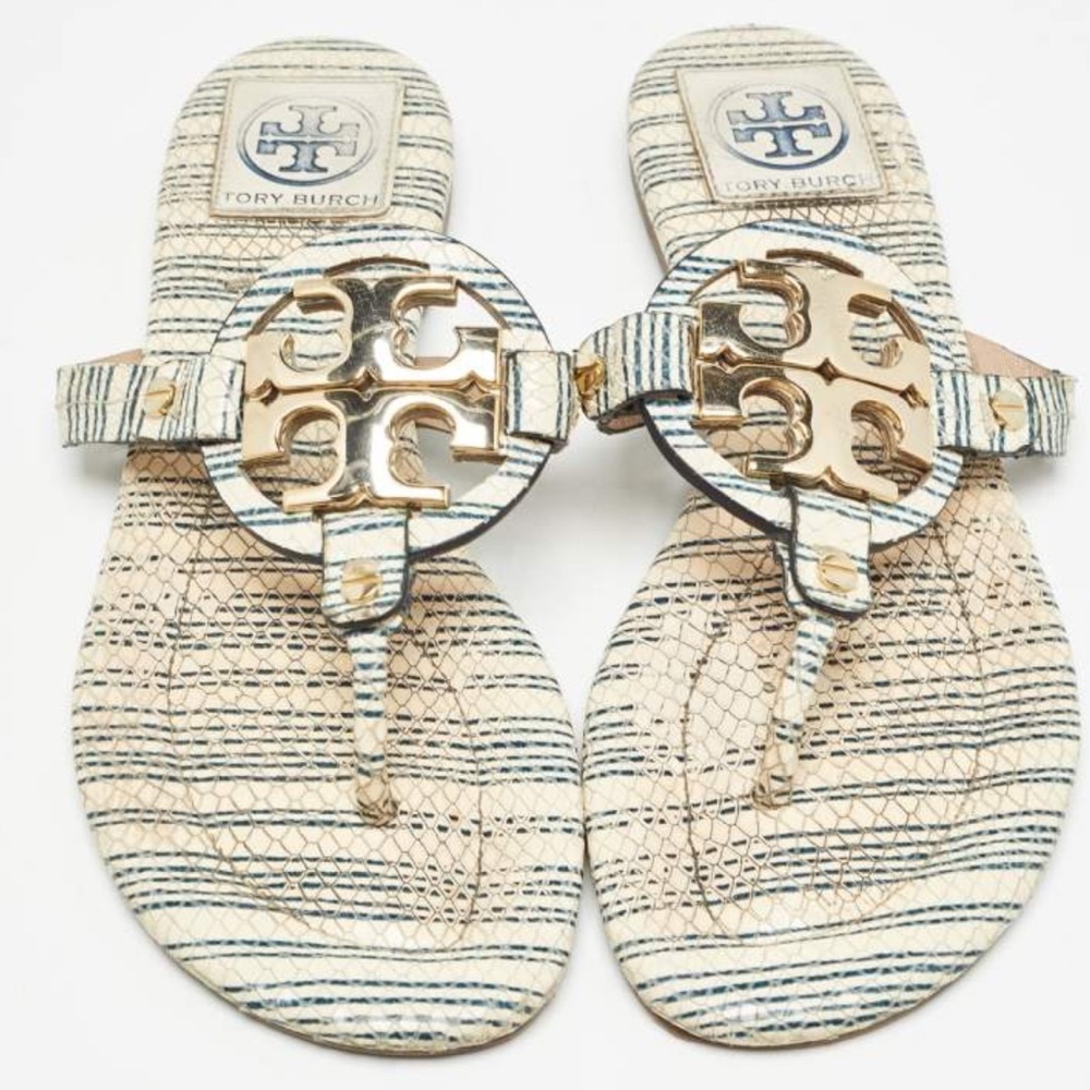 Tory Burch Off White/Blue Striped Snake Leather Miller Gold Metal Sandals Size 9
